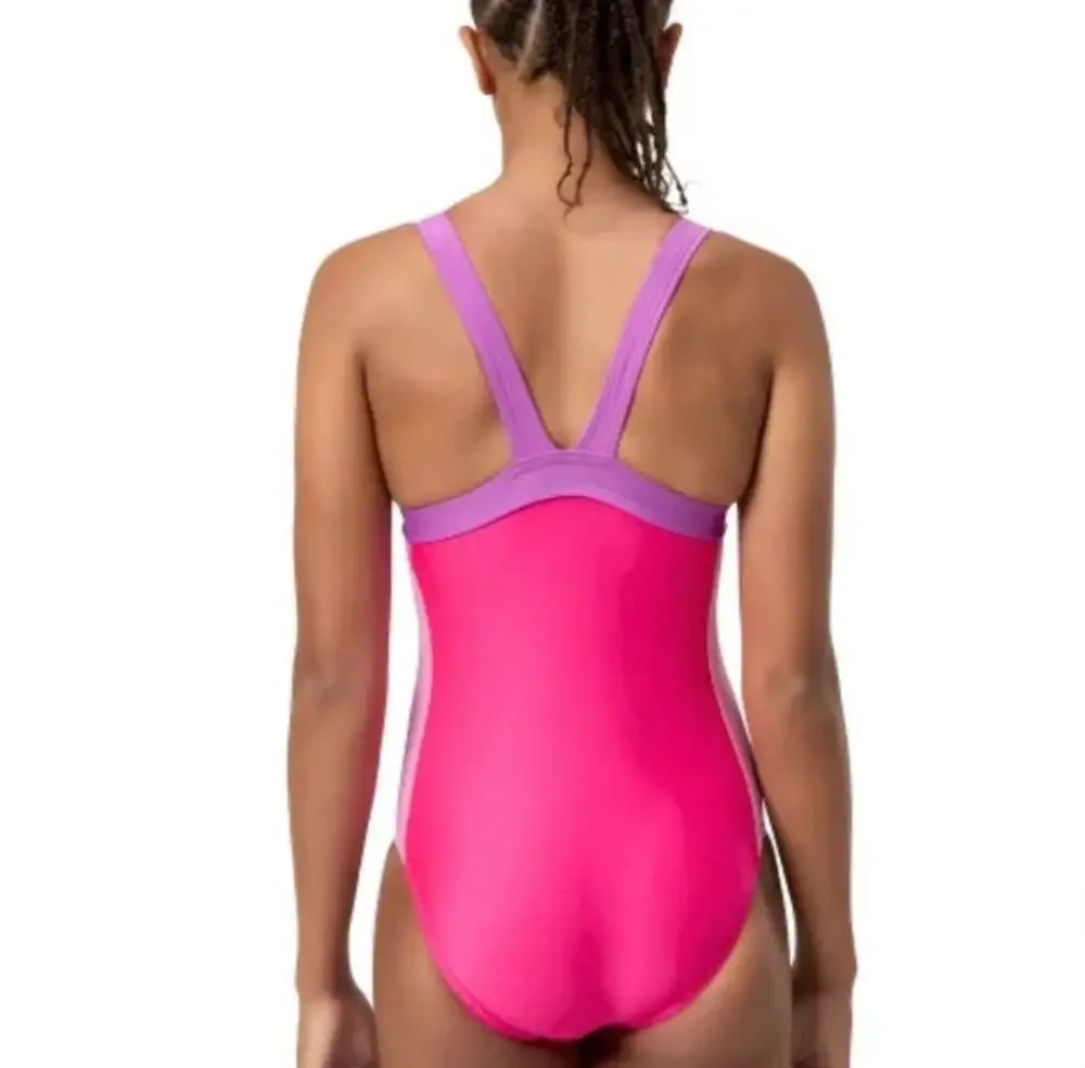 Speedo Girls Youth XL Pink Purple Infinity Splice 1 Piece Swimsuit UPF 50+
